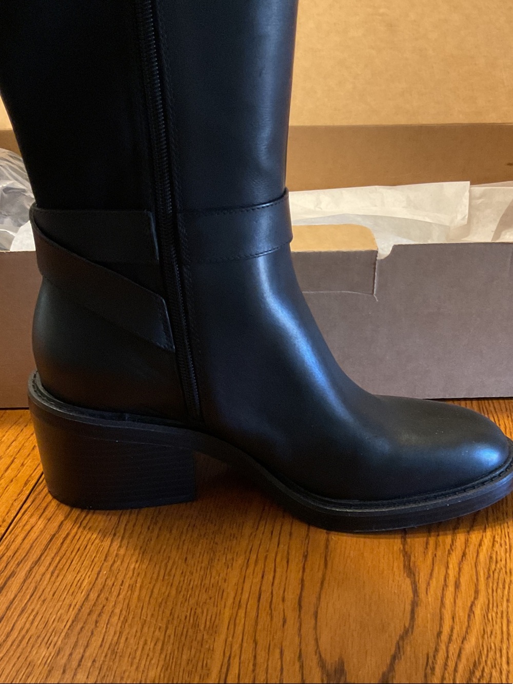 New Vince Camuto Black Leather Knee-High Buckle Boots, Stretch Fabric Back - Picture 2 of 8